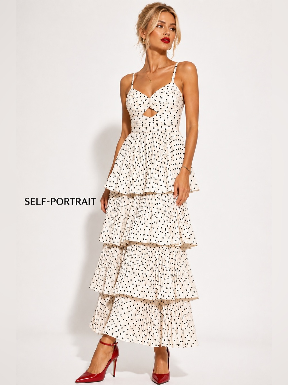 Self Portrait Cream Polka Dot Tiered Pleated Dress NWOT size 8